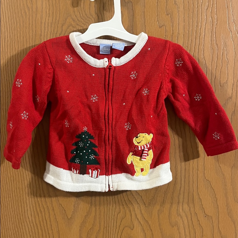 Disney‎ Pooh Vintage Y2K Toddler Red Winnie the Pooh Zip Up Holiday Cardigan 18M
